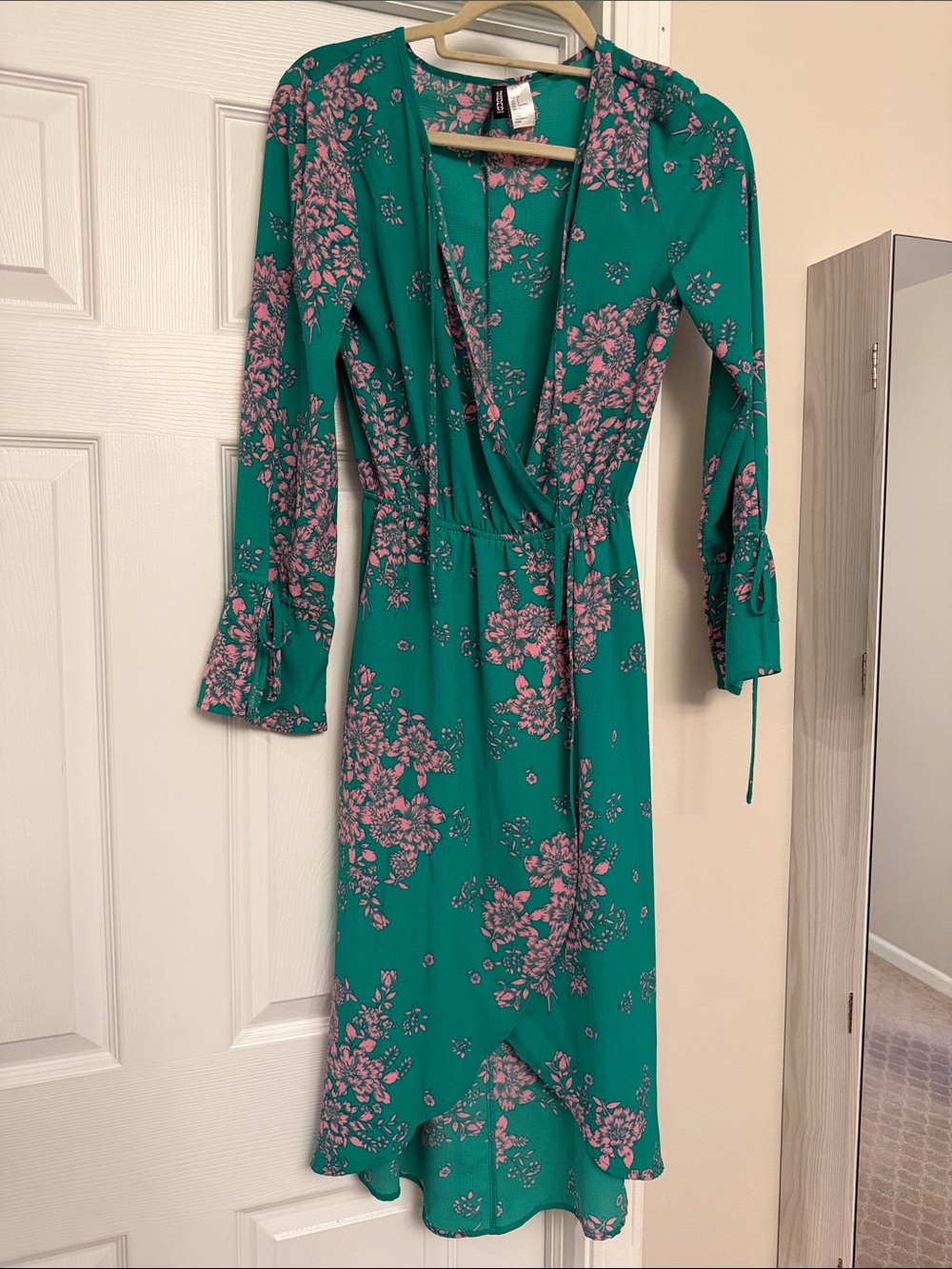H&M Teal Wrap Midi Dress with Pink Floral Print